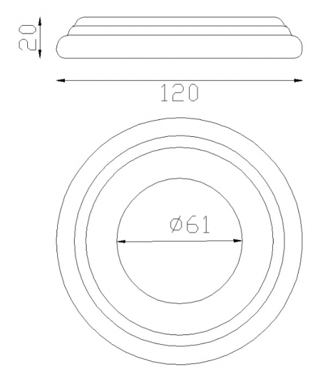 Cache scellement pour poteau d'un diamètre de 60mm, en fer forgé. Diamètre de la base 120mm Hauteur 20mm. Fixation par soudure. Cet habillage de la base du barreau permet de cacher les soudures ou le scellement, il apportera un raffinement à votre fabrication par ce détail de finition. Cache scellement estampé formant trois marches. Livré brut, prêt à peindre ou à vernir. D'autres dimensions existent.