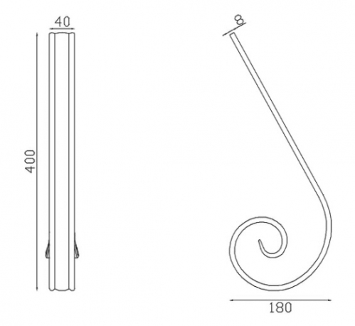 Départ ou arrivée de main courante pleine lisse avec extrémité en queue de carpe, en fer forgé. Hauteur 180mm Longueur 400mm largeur 40mm et épaisseur 8mm. Element de finition idéal pour votre rampe d'escalier ou votre garde corps, par exemple, avec une utilisation aussi bien en intérieur qu'en extérieur. Fixation pour soudure. Fournie brut, à peindre ou à vernir avec un produit adapté contre la corrosion. Compatible avec la main courante de référence 18011.