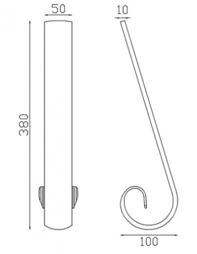 Départ ou arrivée de main courante pleine lisse avec extrémité en queue de carpe, en fer forgé. Hauteur 100mm Longueur 380mm largeur 50mm et épaisseur 10mm. Element de finition idéal pour votre rampe d'escalier ou votre garde corps, par exemple, avec une utilisation aussi bien en intérieur qu'en extérieur. Fixation pour soudure. Fournie brut, à peindre ou à vernir avec un produit adapté contre la corrosion. Compatible avec la main courante de référence 18023.