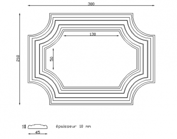 Cadre décoratif mouluré en aluminium. Longueur 300mm Hauteur 218mm, avec profilé en plat de 45mm par 10mm. Utilisation pour ornement de votre soubassement de portail, par exemple. Fixation par soudure ou vissage avec taraudage à faire par vos soins. Fourni brute, à peindre ou à vernir. L'aluminium est reconnu pour sa légèreté et son absence de rouille.