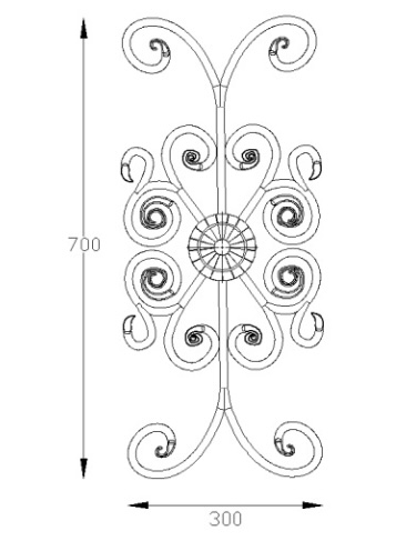 Panneau décoratif composé de volutes aux extrémités en torsades et d'une rosace centrale présente sur les deux faces. Hauteur 700mm et Largeur 300mm avec profilé en rond diamètre 12mm. Ce panneau décoratif peut être présenté à l'horizontale ou à la verticale, son utilisation est multiple: balcon, terrasse, fenêtre, balustrade... Fixation par soudure. Fourni brute, à peindre ou à vernir.