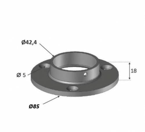 Support de type platine, connexion pour tube rond. Largeur 85mm Hauteur 18mm convient pour un tube de diamètre extérieur de 42,4mm (le tube rentre à l'intérieur de la platine). À visser grâce à 3 trous de diamètre 5mm. En inox 316. L'inox est peu sensible à la corrosion, sera résistant même en bord de mer. Pour une finition esthétique, à compléter avec le cache 3002016. 