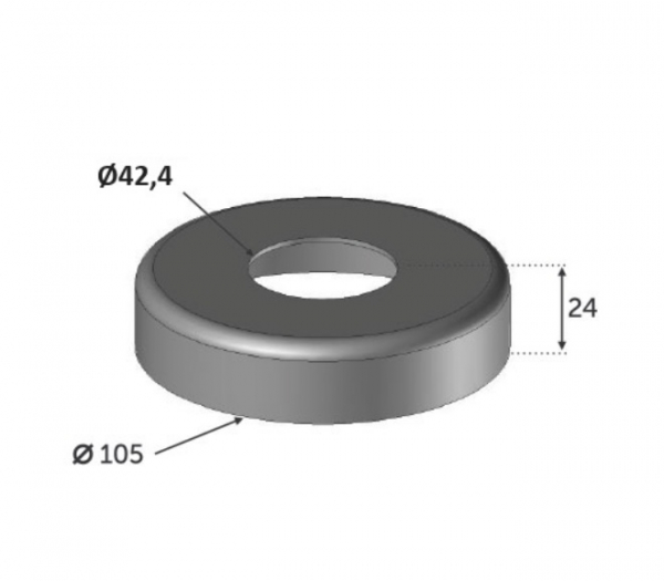 Cache platine rond, connexion pour tube rond. Largeur 105mm Hauteur 24mm convient pour un tube de diamètre extérieur de 42,4mm (le tube rentre à l'intérieur de la platine). En inox 304. L'inox est peu sensible à la corrosion, sera résistant même en bord de mer. Pour une finition esthétique du support platine 30000. 