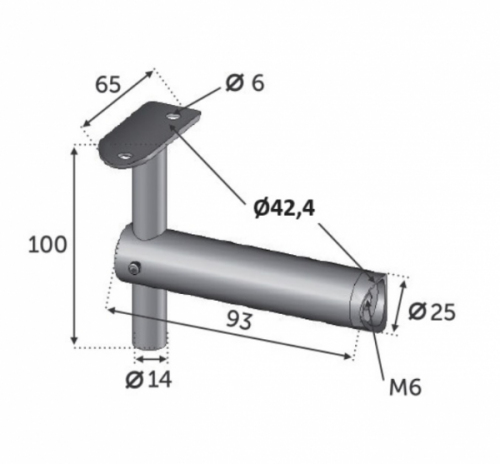 Support de main courante ronde, fixe de 90 degrés. Longueur 93mm Hauteur 100mm <b>réglable</b>, platine ovale de longueur 65mm, compatible avec des tubes ronds en inox ou en bois de diamètre 42,4mm. En inox 304. À visser sur un poteau grâce à un taraudage pour tige filetée M6, et à visser à la main courante grâce à 2 trous de diamètre 6mm (visserie non fournie). Permet d'être utilisé en intérieur comme en extérieur et même en bord de mer. Existe en version inclinable pour rampant (ref 30203)