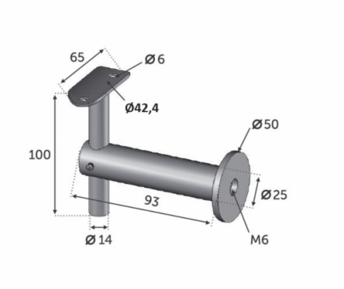 Support de main courante ronde avec platine décorative, fixe de 90 degrés. Longueur 93mm Hauteur 100mm <b>réglable</b>, platine ovale de longueur 65mm, compatible avec des tubes ronds en inox ou en bois de diamètre 42,4mm. En inox 316. À visser sur un poteau grâce à un taraudage pour tige filetée M6, et à visser à la main courante grâce à 2 trous de diamètre 6mm (visserie non fournie). Permet d'être utilisé en intérieur comme en extérieur et même en bord de mer. Existe en version inclinable pour rampant (ref 3023616)