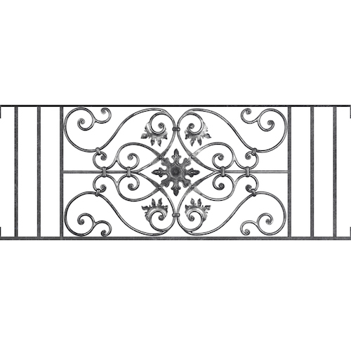 Appui de fenêtre type AF002 à visser dans votre tableau de fenêtre. Longueur finie de 1300mm et Hauteur finie de 502mm. Convient pour les tableaux de fenêtre de 1300mm. Main courante laminée de 1300mm de long en fer forgé sur le dessus. Motif au centre de 830mm de long par 480mm de haut. Le reste de la structure est en acier carré plein de 14mm de section.