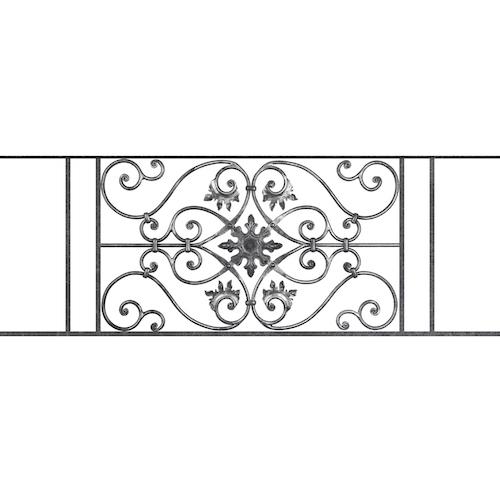 Appui de fenêtre type AF002 à sceller dans votre tableau de fenêtre. Longueur finie de 1390mm et Hauteur finie de 502mm. Convient pour les tableaux de fenêtre de 1290mm. 50mm de scellement sont prévue de chaque côté. Main courante laminée de 1290mm de long en fer forgé sur le dessus. Motif au centre de 830mm de long par 480mm de haut. Le reste de la structure est en acier carré plein de 14mm de section.