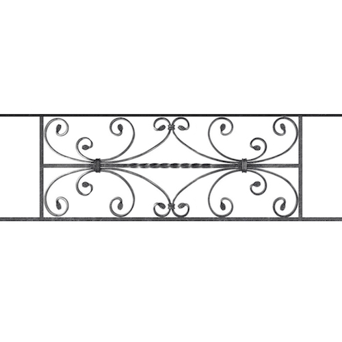 Appui de fenêtre type AF003 à sceller dans votre tableau de fenêtre. Longueur finie de 1020mm et Hauteur finie de 320mm. Convient pour les tableaux de fenêtre de 920mm. 50mm de scellement sont prévue de chaque côté. Main courante laminée de 920mm de long en fer forgé sur le dessus. Motif au centre de 760mm de long par 300mm de haut. Le reste de la structure est en acier carré plein de 12mm de section.