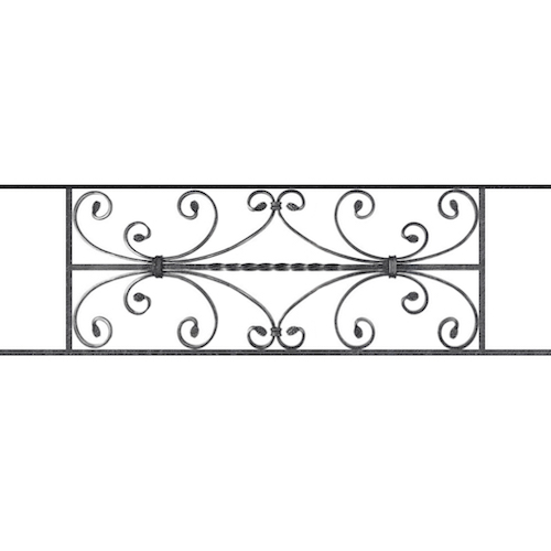 Appui de fenêtre type AF003 à sceller dans votre tableau de fenêtre. Longueur finie de 1030mm et Hauteur finie de 320mm. Convient pour les tableaux de fenêtre de 930mm. 50mm de scellement sont prévue de chaque côté. Main courante laminée de 930mm de long en fer forgé sur le dessus. Motif au centre de 760mm de long par 300mm de haut. Le reste de la structure est en acier carré plein de 12mm de section.