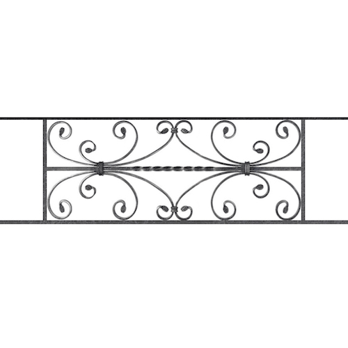 Appui de fenêtre type AF003 à sceller dans votre tableau de fenêtre. Longueur finie de 1040mm et Hauteur finie de 320mm. Convient pour les tableaux de fenêtre de 940mm. 50mm de scellement sont prévue de chaque côté. Main courante laminée de 940mm de long en fer forgé sur le dessus. Motif au centre de 760mm de long par 300mm de haut. Le reste de la structure est en acier carré plein de 12mm de section.