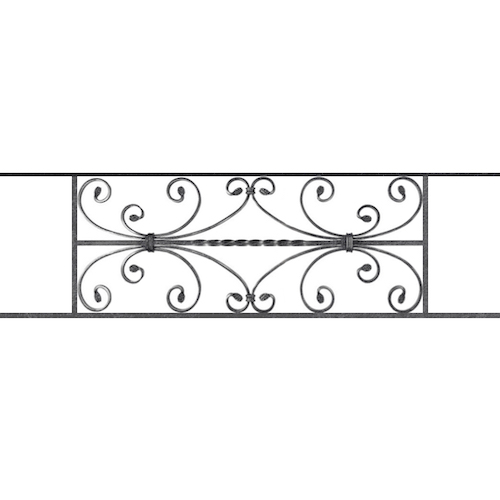 Appui de fenêtre type AF003 à sceller dans votre tableau de fenêtre. Longueur finie de 1100mm et Hauteur finie de 320mm. Convient pour les tableaux de fenêtre de 1000mm. 50mm de scellement sont prévue de chaque côté. Main courante laminée de 1000mm de long en fer forgé sur le dessus. Motif au centre de 760mm de long par 300mm de haut. Le reste de la structure est en acier carré plein de 12mm de section.