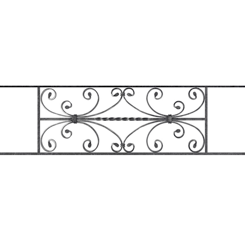 Appui de fenêtre type AF003 à sceller dans votre tableau de fenêtre. Longueur finie de 1130mm et Hauteur finie de 320mm. Convient pour les tableaux de fenêtre de 1030mm. 50mm de scellement sont prévue de chaque côté. Main courante laminée de 1030mm de long en fer forgé sur le dessus. Motif au centre de 760mm de long par 300mm de haut. Le reste de la structure est en acier carré plein de 12mm de section.