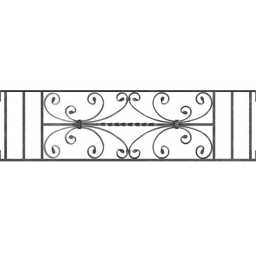 Appui de fenêtre type AF003 à visser dans votre tableau de fenêtre. Longueur finie de 1150mm et Hauteur finie de 320mm. Convient pour les tableaux de fenêtre de 1150mm. Main courante laminée de 1150mm de long en fer forgé sur le dessus. Motif au centre de 760mm de long par 300mm de haut. Le reste de la structure est en acier carré plein de 12mm de section.