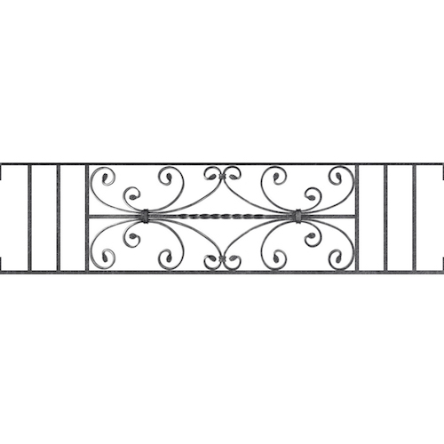 Appui de fenêtre type AF003 à visser dans votre tableau de fenêtre. Longueur finie de 1270mm et Hauteur finie de 320mm. Convient pour les tableaux de fenêtre de 1270mm. Main courante laminée de 1270mm de long en fer forgé sur le dessus. Motif au centre de 760mm de long par 300mm de haut. Le reste de la structure est en acier carré plein de 12mm de section.