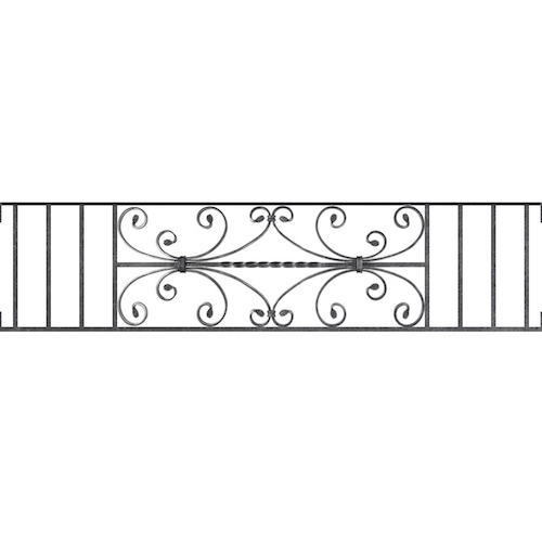 Appui de fenêtre type AF003 à visser dans votre tableau de fenêtre. Longueur finie de 1340mm et Hauteur finie de 320mm. Convient pour les tableaux de fenêtre de 1340mm. Main courante laminée de 1340mm de long en fer forgé sur le dessus. Motif au centre de 760mm de long par 300mm de haut. Le reste de la structure est en acier carré plein de 12mm de section.