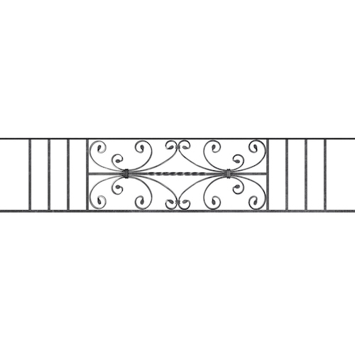 Appui de fenêtre type AF003 à sceller dans votre tableau de fenêtre. Longueur finie de 1520mm et Hauteur finie de 320mm. Convient pour les tableaux de fenêtre de 1420mm. 50mm de scellement sont prévue de chaque côté. Main courante laminée de 1420mm de long en fer forgé sur le dessus. Motif au centre de 760mm de long par 300mm de haut. Le reste de la structure est en acier carré plein de 12mm de section.