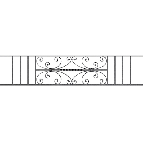 Appui de fenêtre type AF003 à sceller dans votre tableau de fenêtre. Longueur finie de 1540mm et Hauteur finie de 320mm. Convient pour les tableaux de fenêtre de 1440mm. 50mm de scellement sont prévue de chaque côté. Main courante laminée de 1440mm de long en fer forgé sur le dessus. Motif au centre de 760mm de long par 300mm de haut. Le reste de la structure est en acier carré plein de 12mm de section.