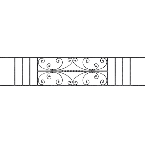 Appui de fenêtre type AF003 à sceller dans votre tableau de fenêtre. Longueur finie de 1590mm et Hauteur finie de 320mm. Convient pour les tableaux de fenêtre de 1490mm. 50mm de scellement sont prévue de chaque côté. Main courante laminée de 1490mm de long en fer forgé sur le dessus. Motif au centre de 760mm de long par 300mm de haut. Le reste de la structure est en acier carré plein de 12mm de section.