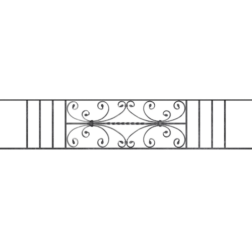 Appui de fenêtre type AF003 à sceller dans votre tableau de fenêtre. Longueur finie de 1610mm et Hauteur finie de 320mm. Convient pour les tableaux de fenêtre de 1510mm. 50mm de scellement sont prévue de chaque côté. Main courante laminée de 1510mm de long en fer forgé sur le dessus. Motif au centre de 760mm de long par 300mm de haut. Le reste de la structure est en acier carré plein de 12mm de section.