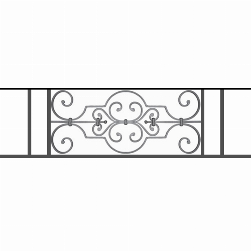 Appui de fenêtre type AF004 à sceller dans votre tableau de fenêtre. Longueur finie de 1120mm et Hauteur finie de 314mm. Convient pour les tableaux de fenêtre de 1020mm. 50mm de scellement sont prévue de chaque côté. Main courante laminée de 1020mm de long en fer forgé sur le dessus. Motif au centre de 670mm de long par 290mm de haut. Le reste de la structure est en tube acier carré de 16mm de section.