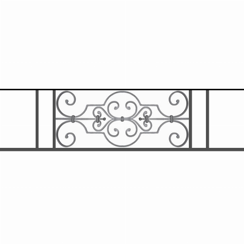 Appui de fenêtre type AF004 à sceller dans votre tableau de fenêtre. Longueur finie de 1230mm et Hauteur finie de 314mm. Convient pour les tableaux de fenêtre de 1130mm. 50mm de scellement sont prévue de chaque côté. Main courante laminée de 1130mm de long en fer forgé sur le dessus. Motif au centre de 670mm de long par 290mm de haut. Le reste de la structure est en acier carré plein de 16mm de section.