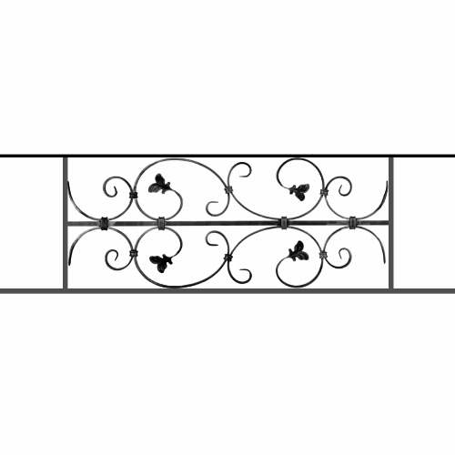 Appui de fenêtre type AF005 à sceller dans votre tableau de fenêtre. Longueur finie de 1080mm et Hauteur finie de 310mm. Convient pour les tableaux de fenêtre de 980mm. 50mm de scellement sont prévue de chaque côté. Main courante laminée de 980mm de long en fer forgé sur le dessus. Motif au centre de 760mm de long par 290mm de haut. Le reste de la structure est en acier carré plein de 12mm de section.