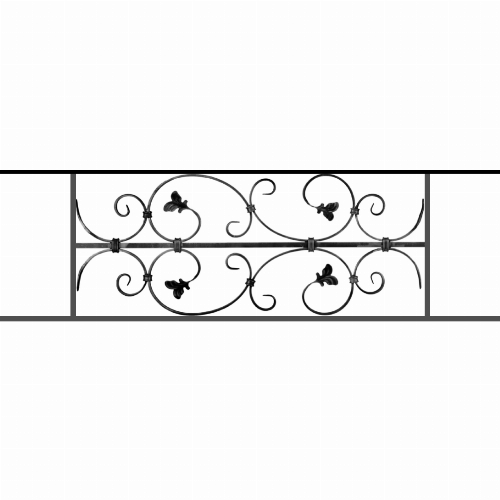 Appui de fenêtre type AF005 à sceller dans votre tableau de fenêtre. Longueur finie de 1090mm et Hauteur finie de 310mm. Convient pour les tableaux de fenêtre de 990mm. 50mm de scellement sont prévue de chaque côté. Main courante laminée de 990mm de long en fer forgé sur le dessus. Motif au centre de 760mm de long par 290mm de haut. Le reste de la structure est en acier carré plein de 12mm de section.