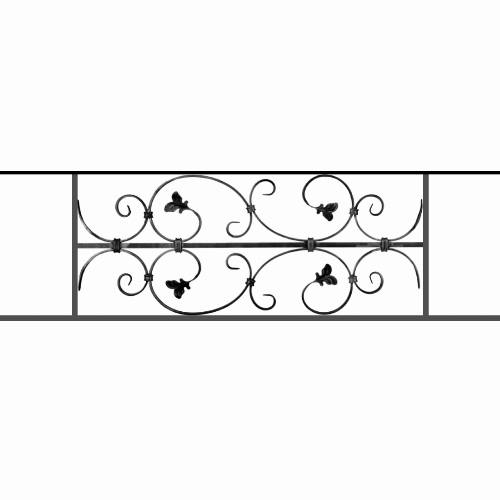 Appui de fenêtre type AF005 à sceller dans votre tableau de fenêtre. Longueur finie de 1100mm et Hauteur finie de 310mm. Convient pour les tableaux de fenêtre de 1000mm. 50mm de scellement sont prévue de chaque côté. Main courante laminée de 1000mm de long en fer forgé sur le dessus. Motif au centre de 760mm de long par 290mm de haut. Le reste de la structure est en acier carré plein de 12mm de section.