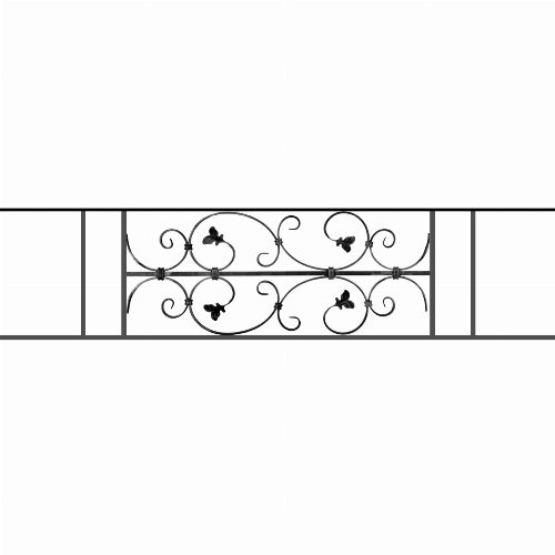 Appui de fenêtre type AF005 à sceller dans votre tableau de fenêtre. Longueur finie de 1390mm et Hauteur finie de 310mm. Convient pour les tableaux de fenêtre de 1290mm. 50mm de scellement sont prévue de chaque côté. Main courante laminée de 1290mm de long en fer forgé sur le dessus. Motif au centre de 760mm de long par 290mm de haut. Le reste de la structure est en acier carré plein de 12mm de section.