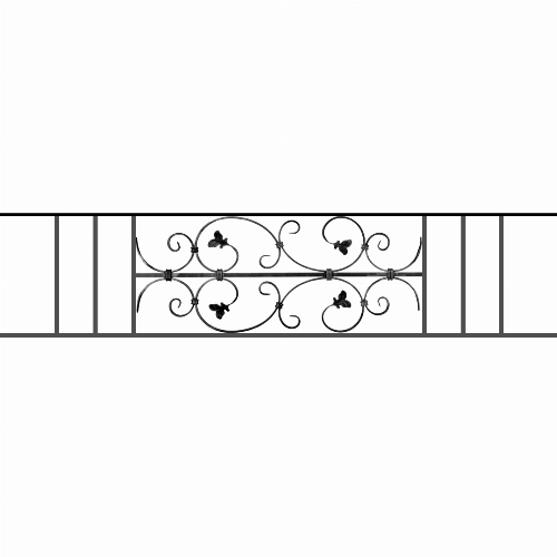 Appui de fenêtre type AF005 à sceller dans votre tableau de fenêtre. Longueur finie de 1480mm et Hauteur finie de 310mm. Convient pour les tableaux de fenêtre de 1380mm. 50mm de scellement sont prévue de chaque côté. Main courante laminée de 1380mm de long en fer forgé sur le dessus. Motif au centre de 760mm de long par 290mm de haut. Le reste de la structure est en acier carré plein de 12mm de section.