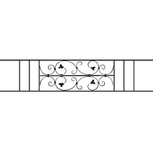 Appui de fenêtre type AF005 à sceller dans votre tableau de fenêtre. Longueur finie de 1580mm et Hauteur finie de 310mm. Convient pour les tableaux de fenêtre de 1480mm. 50mm de scellement sont prévue de chaque côté. Main courante laminée de 1480mm de long en fer forgé sur le dessus. Motif au centre de 760mm de long par 290mm de haut. Le reste de la structure est en acier carré plein de 12mm de section.