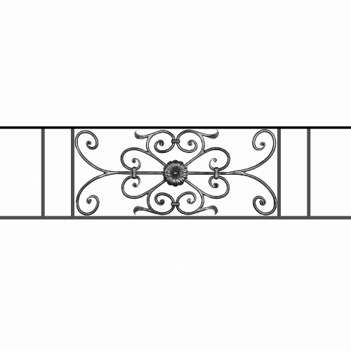 Appui de fenêtre type AF009 à sceller dans votre tableau de fenêtre. Longueur finie de 1210mm et Hauteur finie de 320mm. Convient pour les tableaux de fenêtre de 1110mm. 50mm de scellement sont prévue de chaque côté. Main courante laminée de 1110mm de long en fer forgé sur le dessus. Motif au centre de 700mm de long par 300mm de haut. Le reste de la structure est en acier carré plein de 12mm de section.