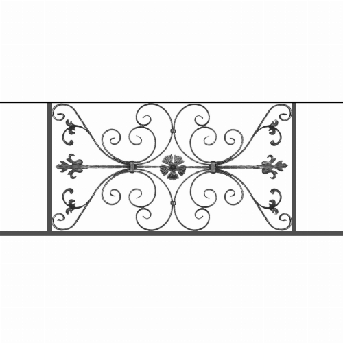 Appui de fenêtre type AF013 à sceller dans votre tableau de fenêtre. Longueur finie de 1450mm et Hauteur finie de 568mm. Convient pour les tableaux de fenêtre de 1350mm. 50mm de scellement sont prévue de chaque côté. Main courante laminée de 1350mm de long en fer forgé sur le dessus. Motif au centre de 1010mm de long par 540mm de haut. Le reste de la structure est en acier carré plein de 20mm de section.