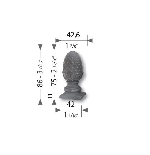 Pomme de pin de la gamme prestige, sur socle, en fer forgé plein. Hauteur totale 86mm Hauteur sans socle 75mm largeur Ø42,6mm largeur du socle carré de 42x42mm, convient à tube carré de largeur 40mm. Fixation par soudure. Objet décoratif qui rendra unique votre fabrication. Livré brut, à peindre ou à vernir, avec un produit adapté pour protéger contre la corrosion.
