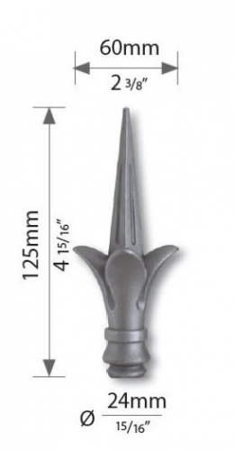 Pointe de lance de la gamme prestige, en fer forgé acier moulé. Hauteur 125mm largeur 60mm avec base ronde pleine de diamètre 24mm. Elément décoratif idéal pour votre portail ou clôture, par exemple. Fixation par soudure. Fournie brut, à peindre ou à vernir avec un produit adapté qui protège contre la corrosion.