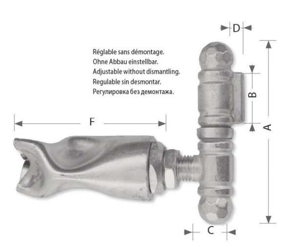 Paumelle décorative réglable sans démontage, à sceller. Hauteur totale 170mm, hauteur de la page de scellement 43mm, longueur de la tige 135mm, supporte une charge maximale de 300kgs 